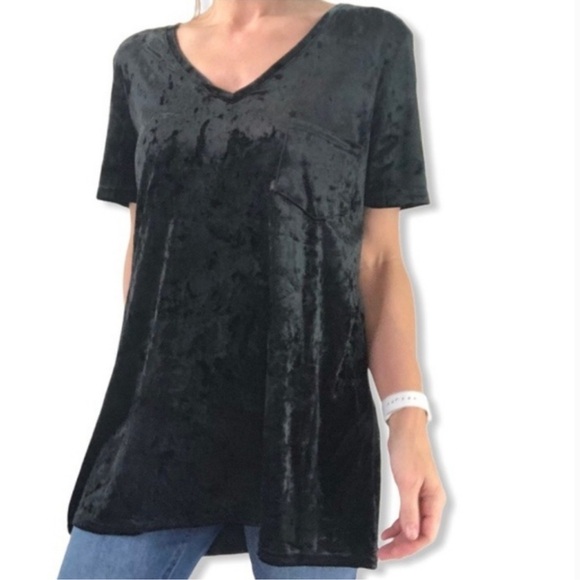 Spring + Mercer Womens Velvet Legging Tee Size Large Black V-Neck Short Sleeve - Picture 1 of 6